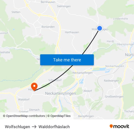 Wolfschlugen to Walddorfhäslach map