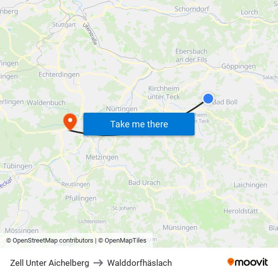 Zell Unter Aichelberg to Walddorfhäslach map