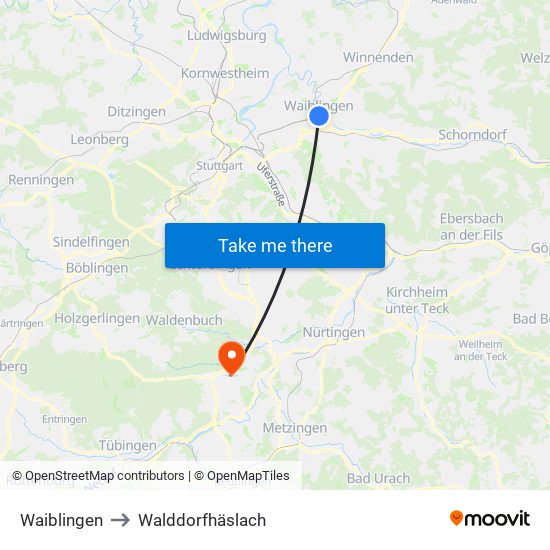 Waiblingen to Walddorfhäslach map