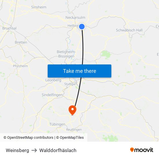 Weinsberg to Walddorfhäslach map