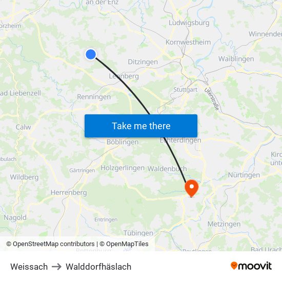 Weissach to Walddorfhäslach map