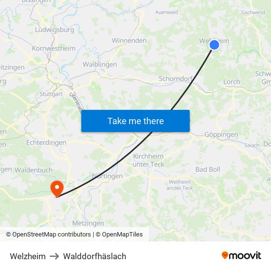 Welzheim to Walddorfhäslach map