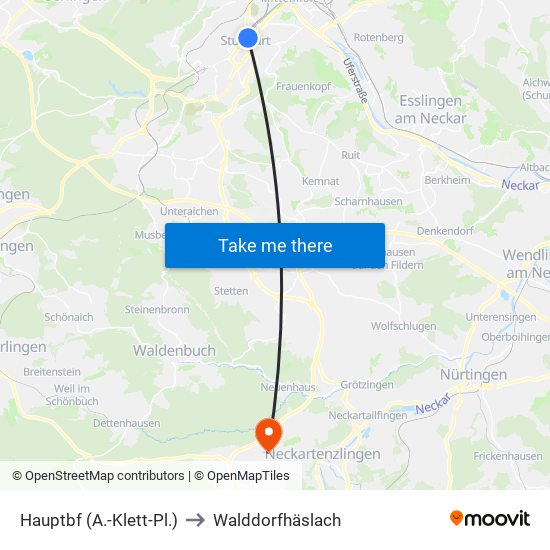 Hauptbf (A.-Klett-Pl.) to Walddorfhäslach map