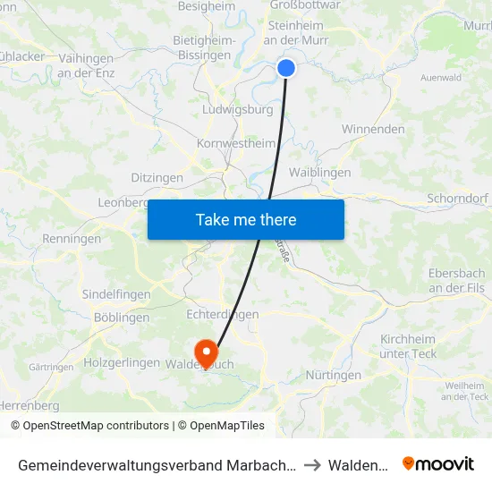 Gemeindeverwaltungsverband Marbach am Neckar to Waldenbuch map