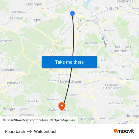 Feuerbach to Waldenbuch map