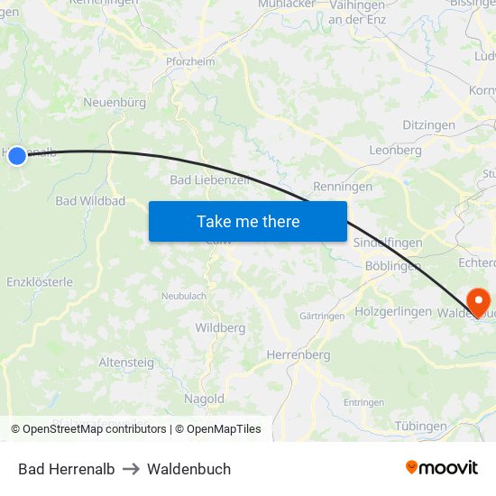 Bad Herrenalb to Waldenbuch map
