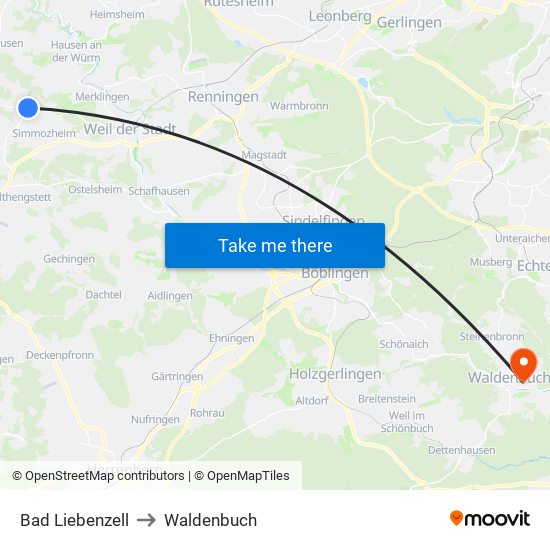 Bad Liebenzell to Waldenbuch map