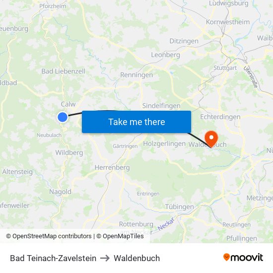 Bad Teinach-Zavelstein to Waldenbuch map