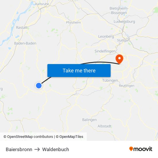 Baiersbronn to Waldenbuch map