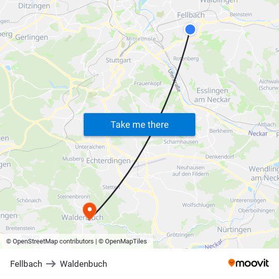 Fellbach to Waldenbuch map