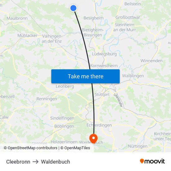 Cleebronn to Waldenbuch map