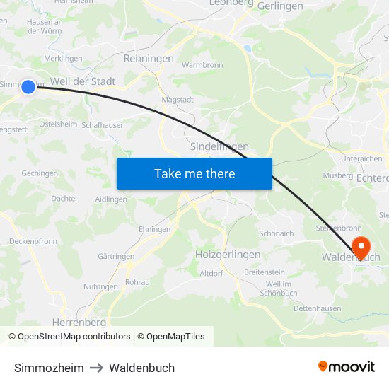 Simmozheim to Waldenbuch map