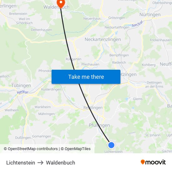 Lichtenstein to Waldenbuch map