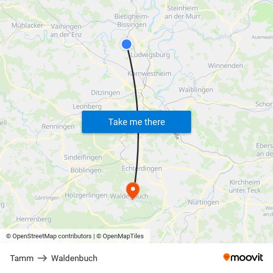 Tamm to Waldenbuch map