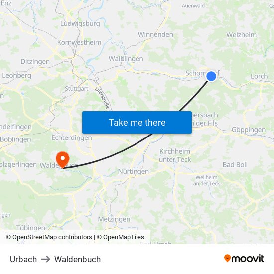 Urbach to Waldenbuch map