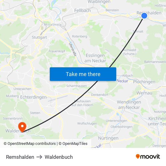 Remshalden to Waldenbuch map