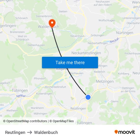 Reutlingen to Waldenbuch map