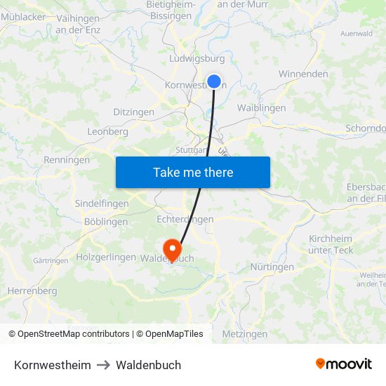 Kornwestheim to Waldenbuch map