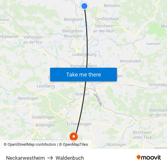 Neckarwestheim to Waldenbuch map