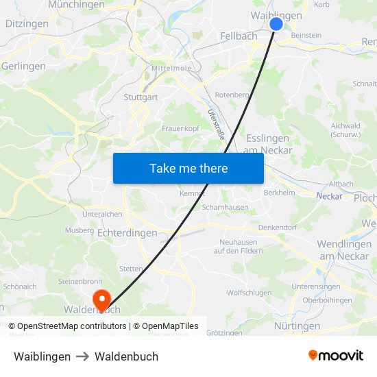 Waiblingen to Waldenbuch map