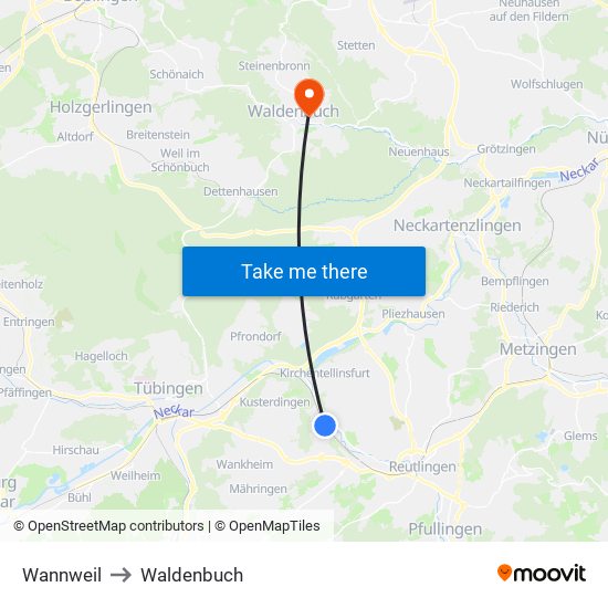 Wannweil to Waldenbuch map