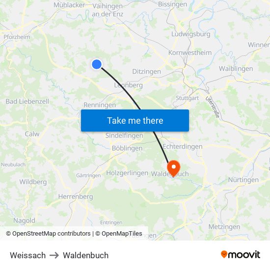 Weissach to Waldenbuch map