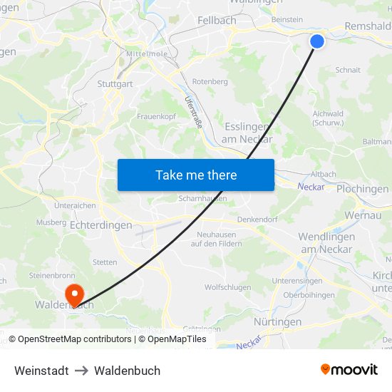 Weinstadt to Waldenbuch map