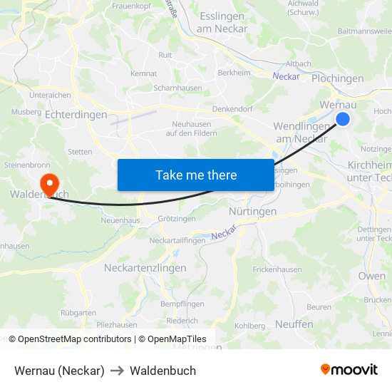 Wernau (Neckar) to Waldenbuch map