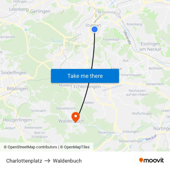 Charlottenplatz to Waldenbuch map