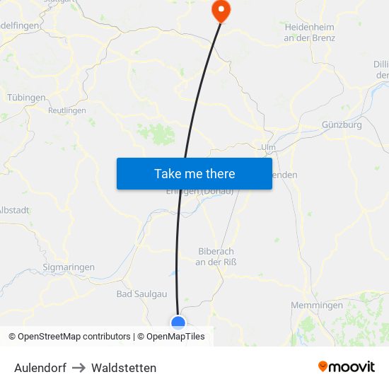 Aulendorf to Waldstetten map