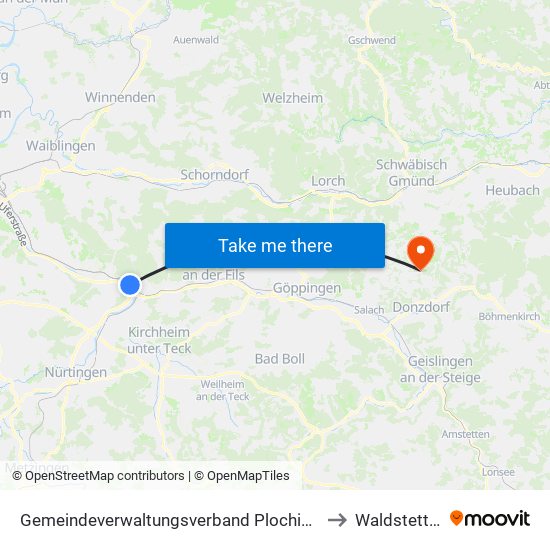 Gemeindeverwaltungsverband Plochingen to Waldstetten map