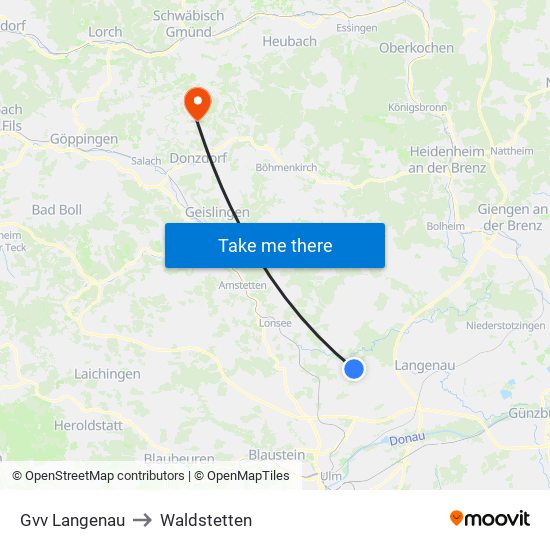Gvv Langenau to Waldstetten map
