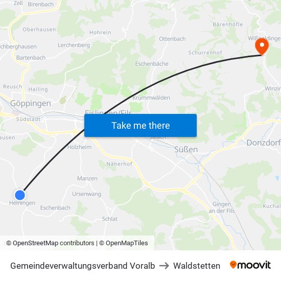 Gemeindeverwaltungsverband Voralb to Waldstetten map