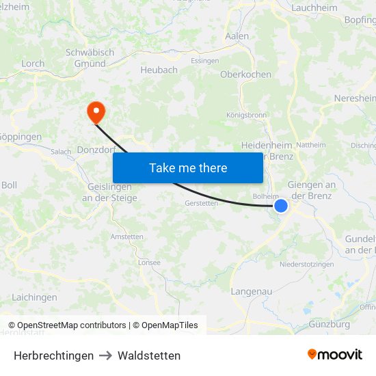 Herbrechtingen to Waldstetten map