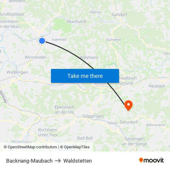 Backnang-Maubach to Waldstetten map