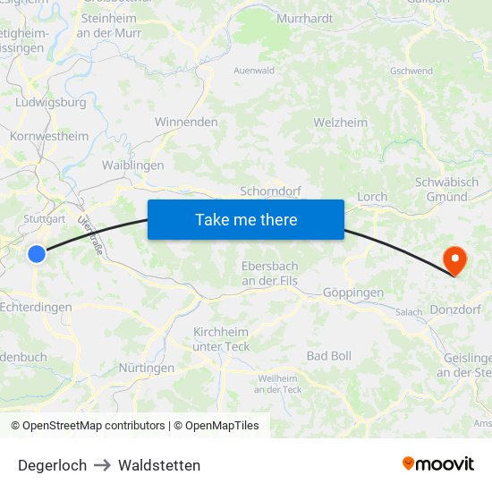 Degerloch to Waldstetten map