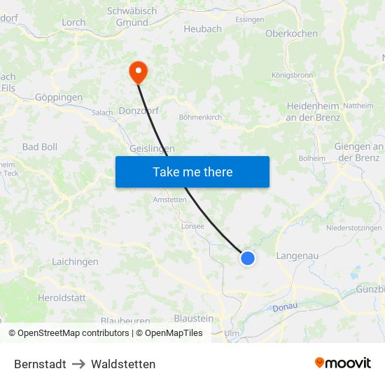 Bernstadt to Waldstetten map