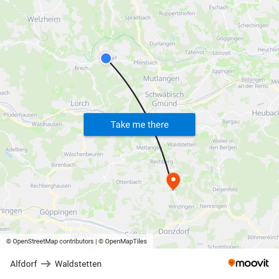 Alfdorf to Waldstetten map