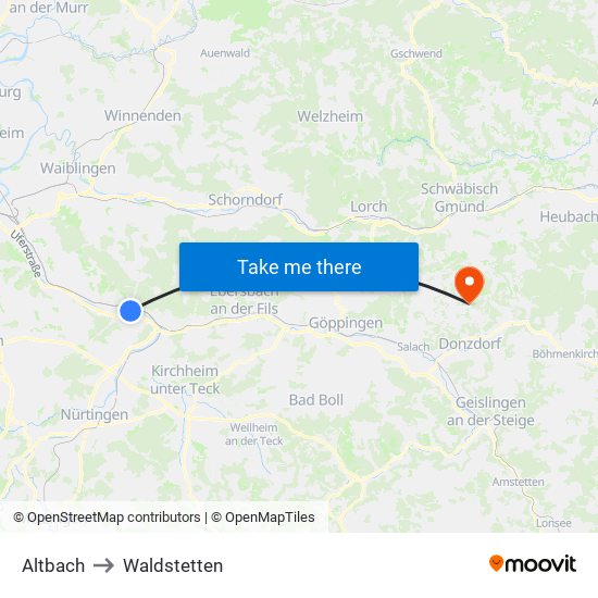 Altbach to Waldstetten map