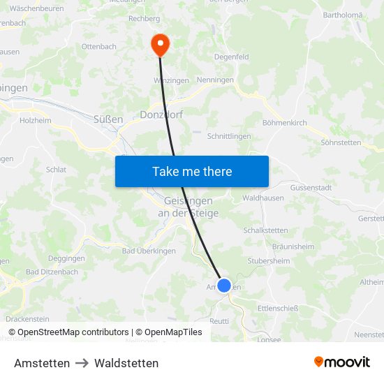 Amstetten to Waldstetten map