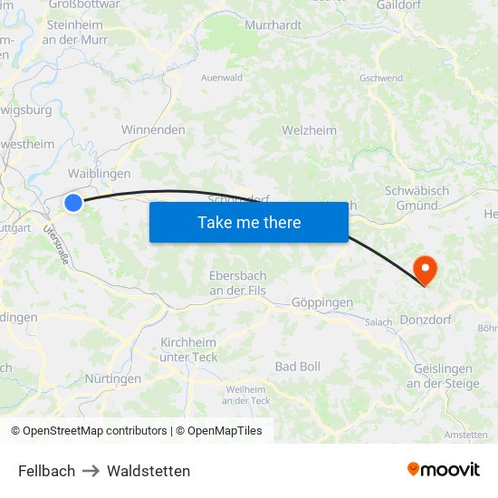 Fellbach to Waldstetten map