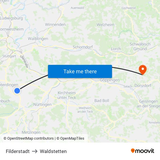 Filderstadt to Waldstetten map