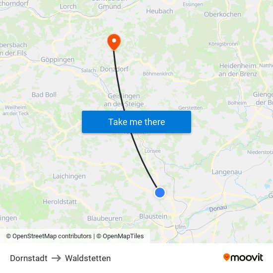 Dornstadt to Waldstetten map
