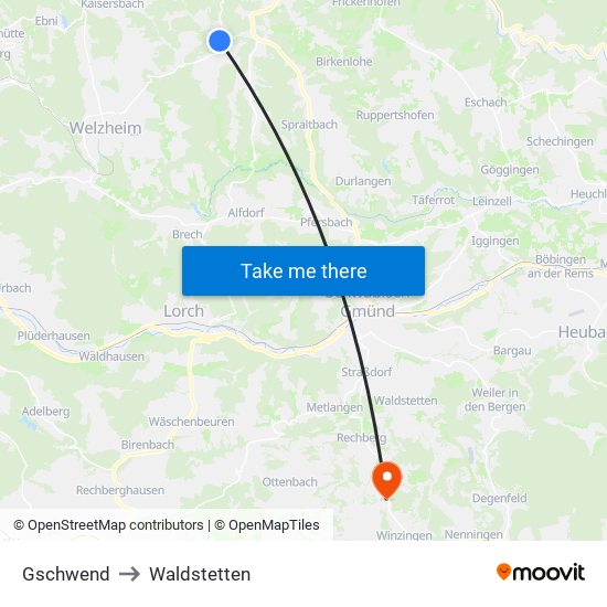 Gschwend to Waldstetten map
