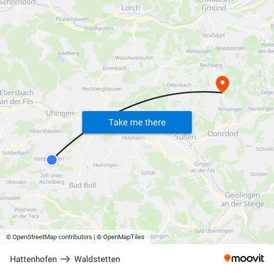 Hattenhofen to Waldstetten map