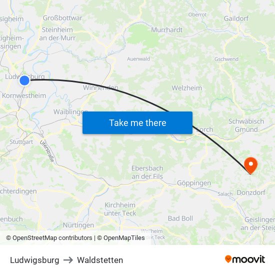 Ludwigsburg to Waldstetten map