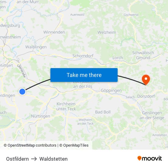 Ostfildern to Waldstetten map