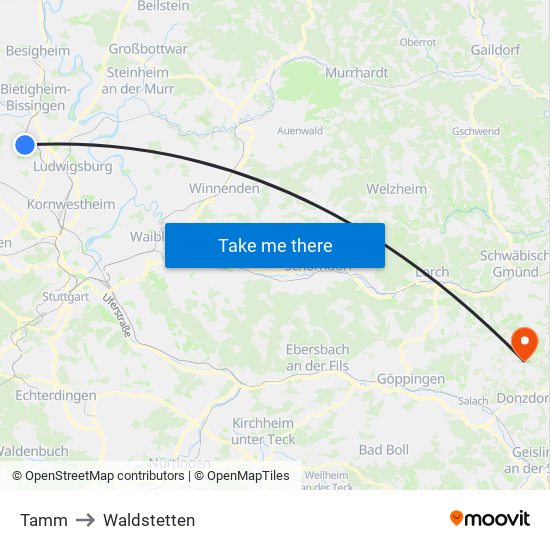 Tamm to Waldstetten map