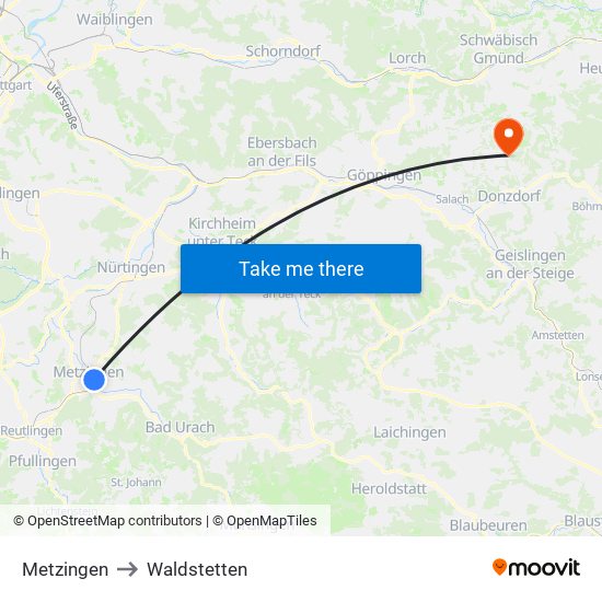 Metzingen to Waldstetten map