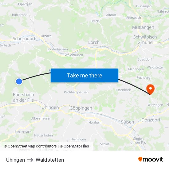 Uhingen to Waldstetten map